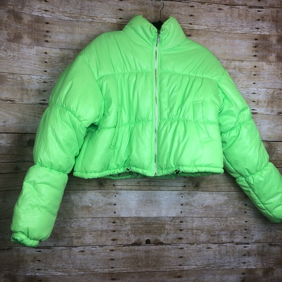 Neon Green Cropped Puffer Jacket Online 